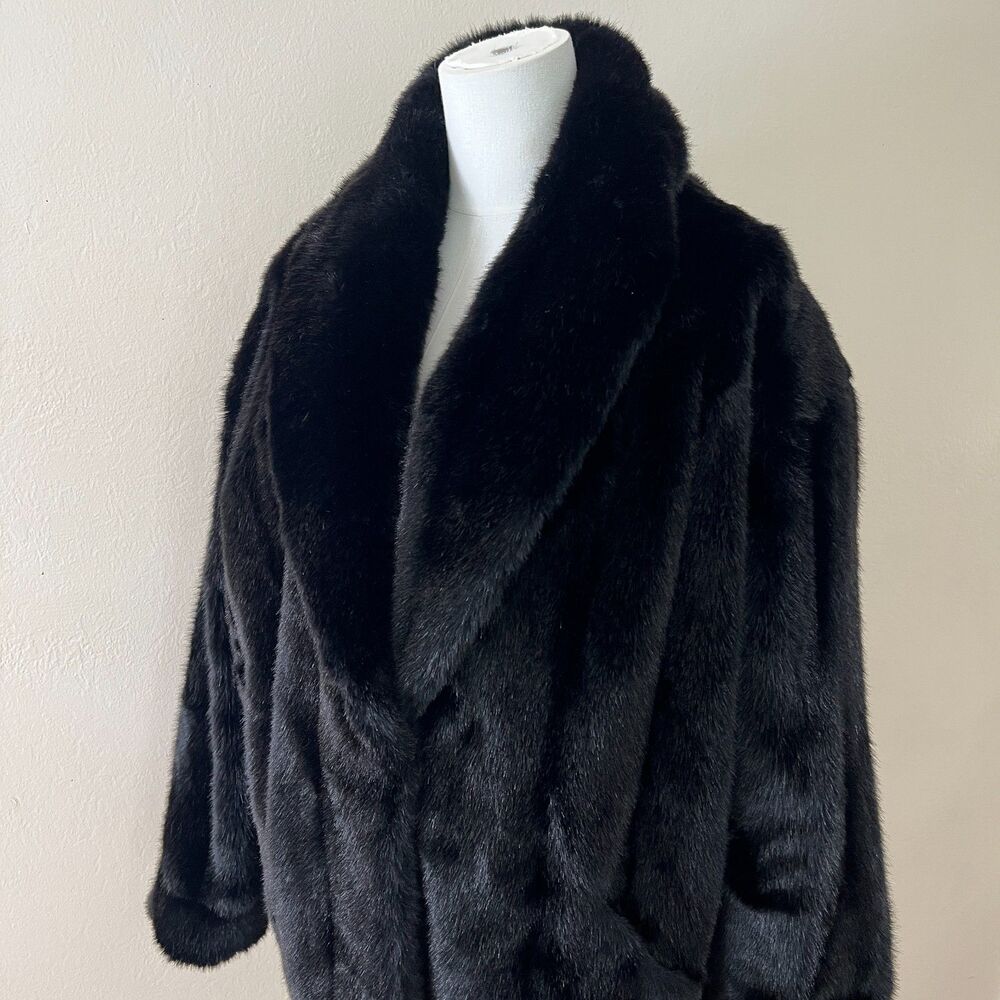 PRISTINE Vintage 80s Lilli Ann Faux Mink Jet Black Swing Coat Shawl Collar Sz XL